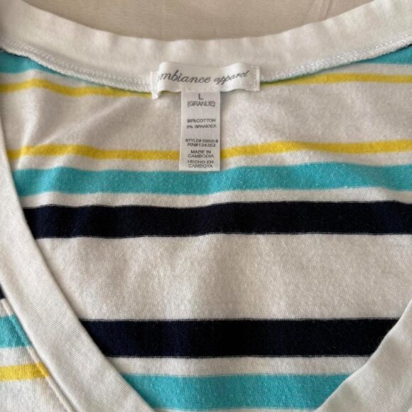 Ambiance Apparel Turquoise, Yellow, Blue and White Striped Short Sleeve Shirt. L - Picture 3 of 5